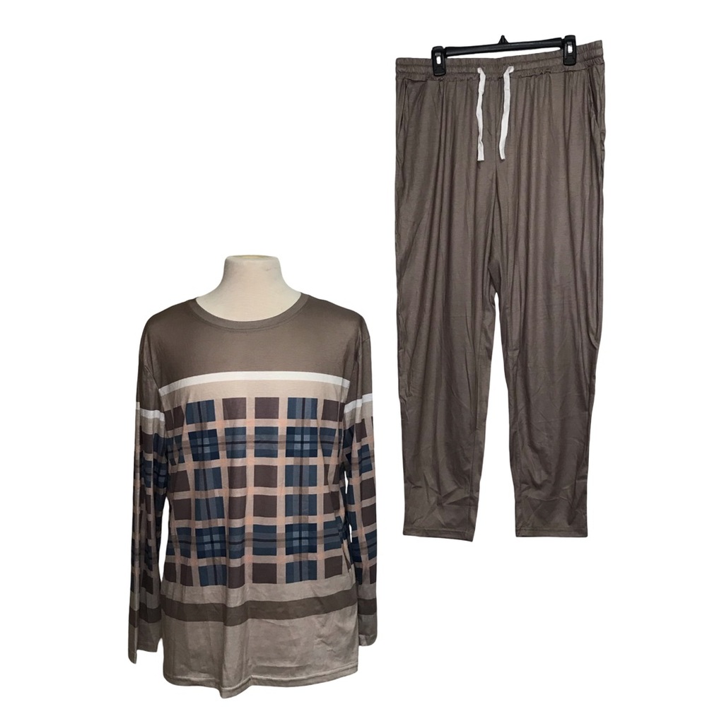 Pajamas Set Of Two Mens Size XXL Color Sea Blue Long Sleeve Shirt Pull-On Pants